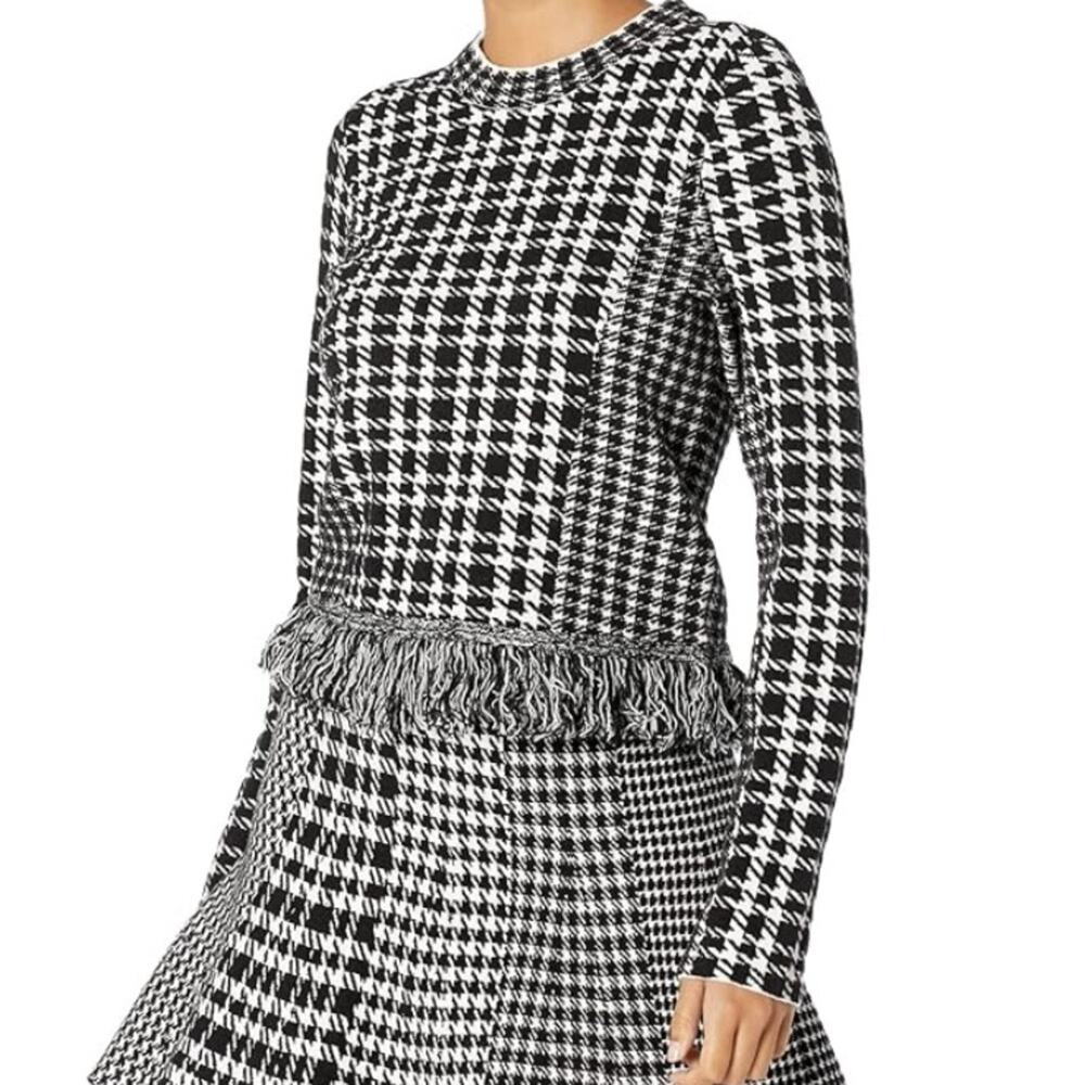 Milly Houndstooth Check Fringe Trim Sweater Black White size P XS